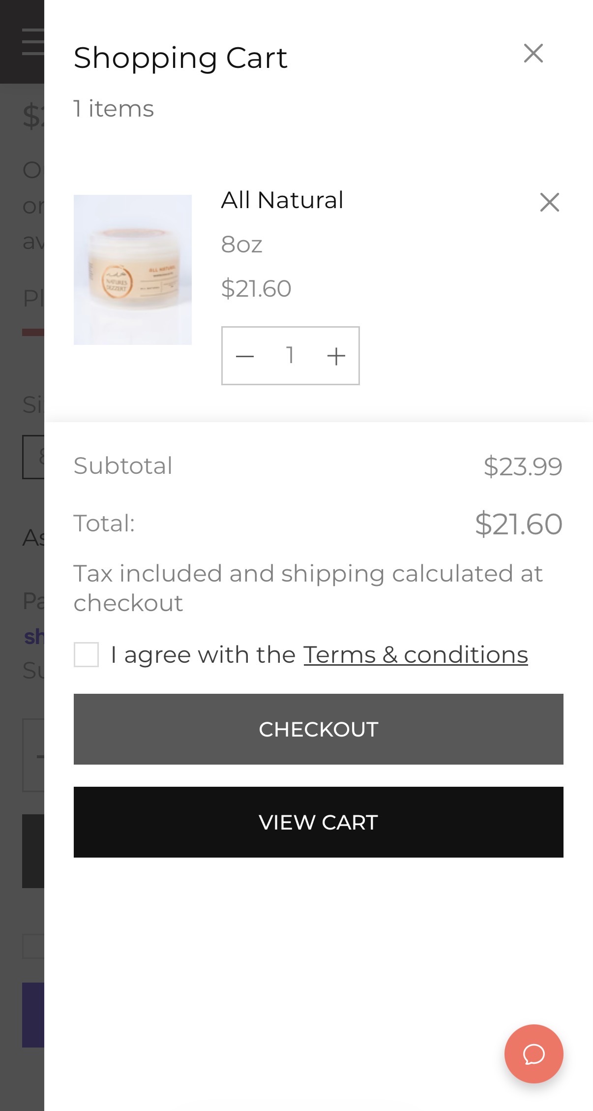 Mobile cart drawer showing product image, pricing details, agreement checkbox, and clear checkout and view cart actions.